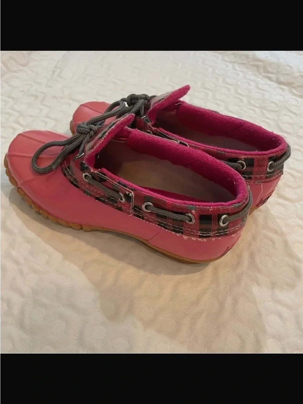 Sperry Kids Pink Waterproof Duck Boots - Plaid Trim 4y